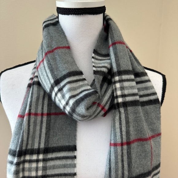 *BLACK BROWN 1826* Gray x Black Red Plaid Fashion Tassel Scarf - Picture 2 of 5
